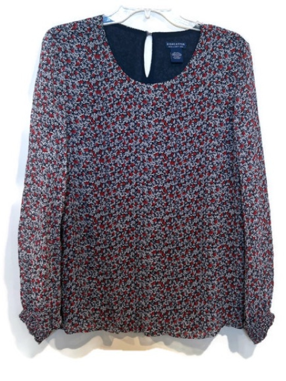 Doncaster Silk Navy and Red Lightweight Lined Long-Sleeve Blouse Top